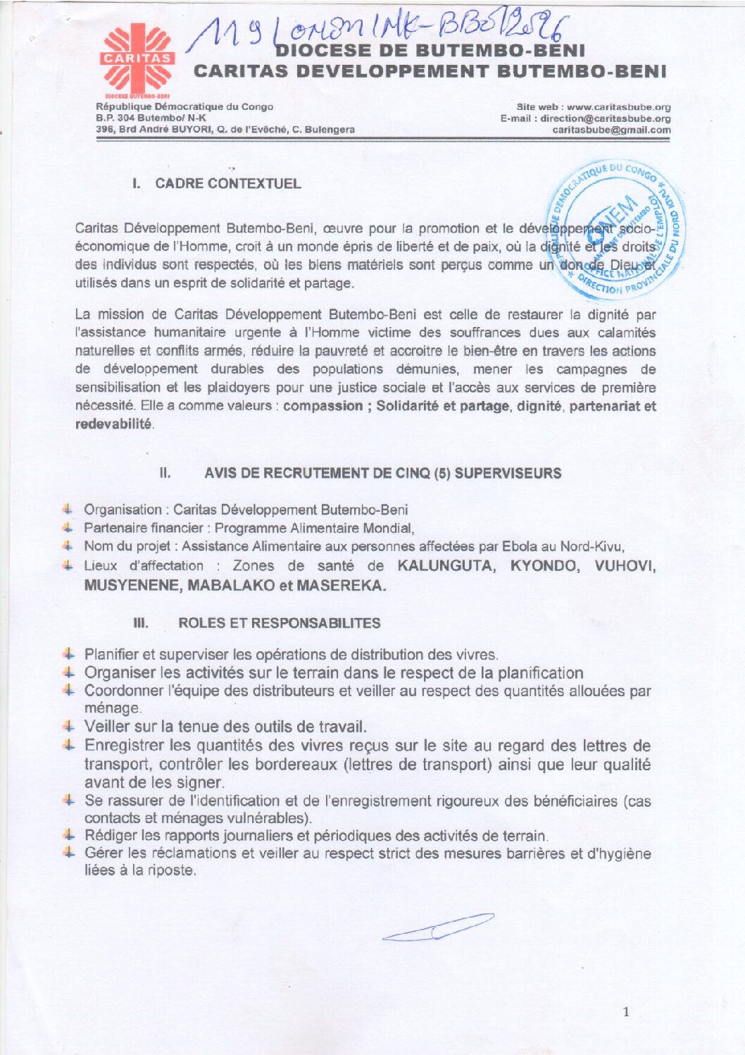 Caritas Développement Butembo-Beni : Avis de recrutement pour le projet d’assistance alimentaire aux personnes affectées par Ebola au Nord-Kivu